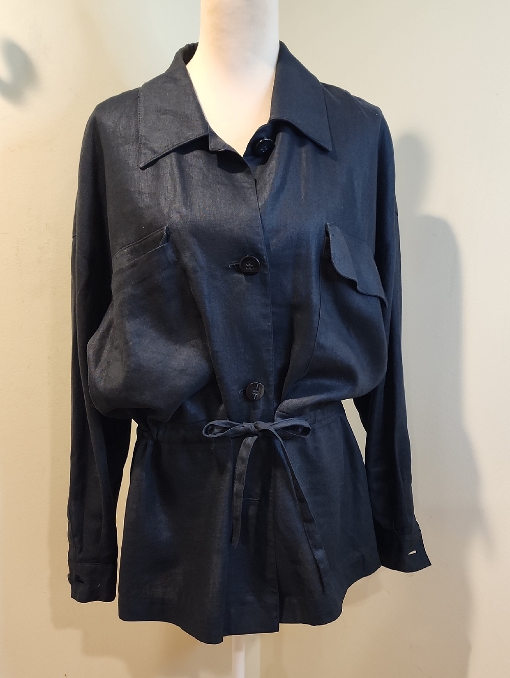 Valerie Stevens Black Utility Button-Front Linen Belted Jacket With Pockets  12